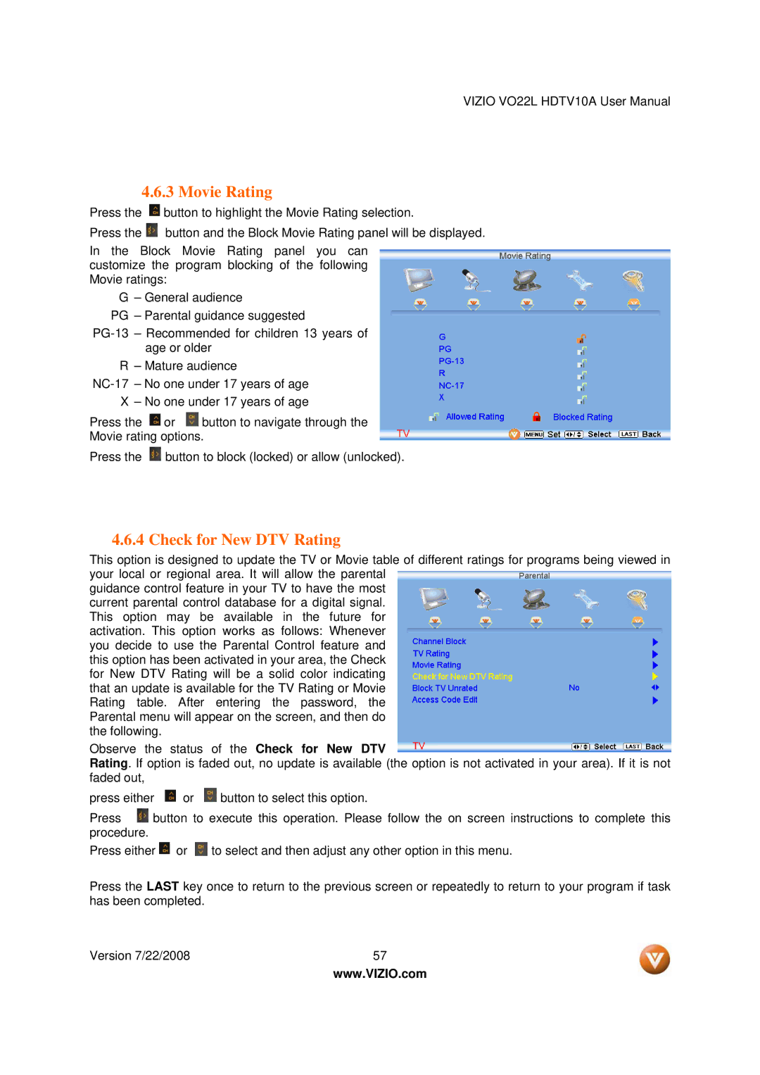 Vizio VO22L user manual Movie Rating, Check for New DTV Rating 