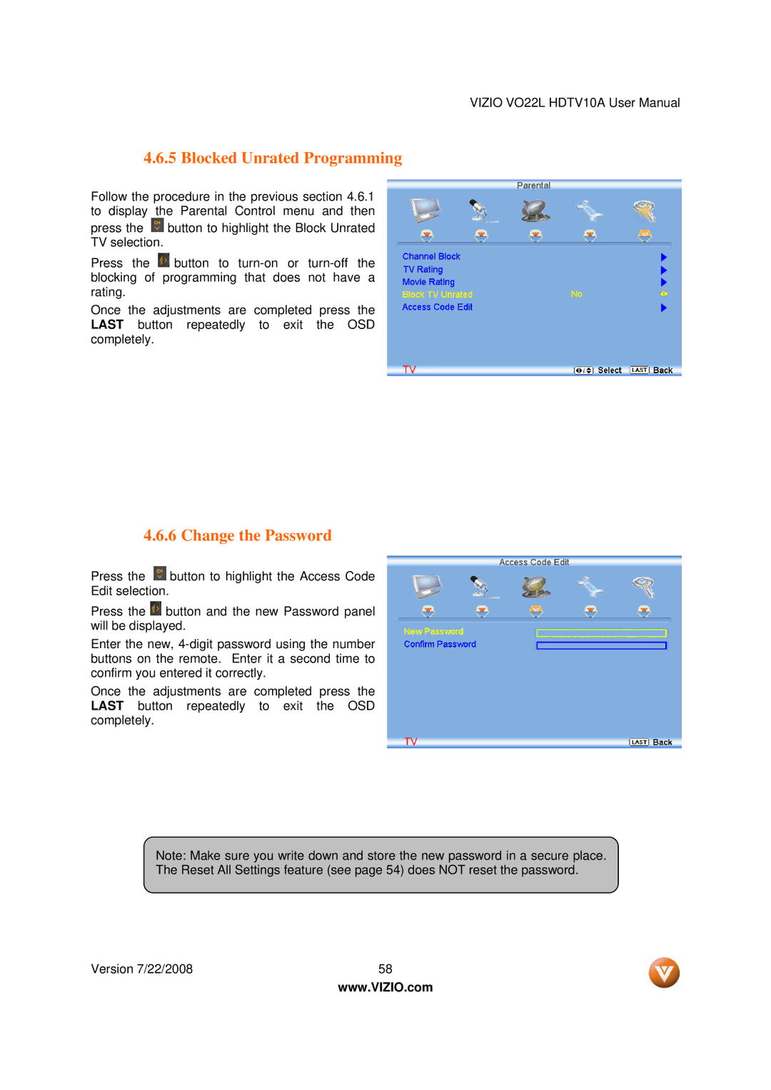 Vizio VO22L user manual Blocked Unrated Programming, Change the Password 