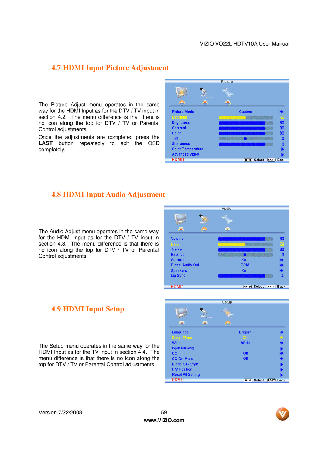 Vizio VO22L user manual Hdmi Input Picture Adjustment, Hdmi Input Audio Adjustment, Hdmi Input Setup 