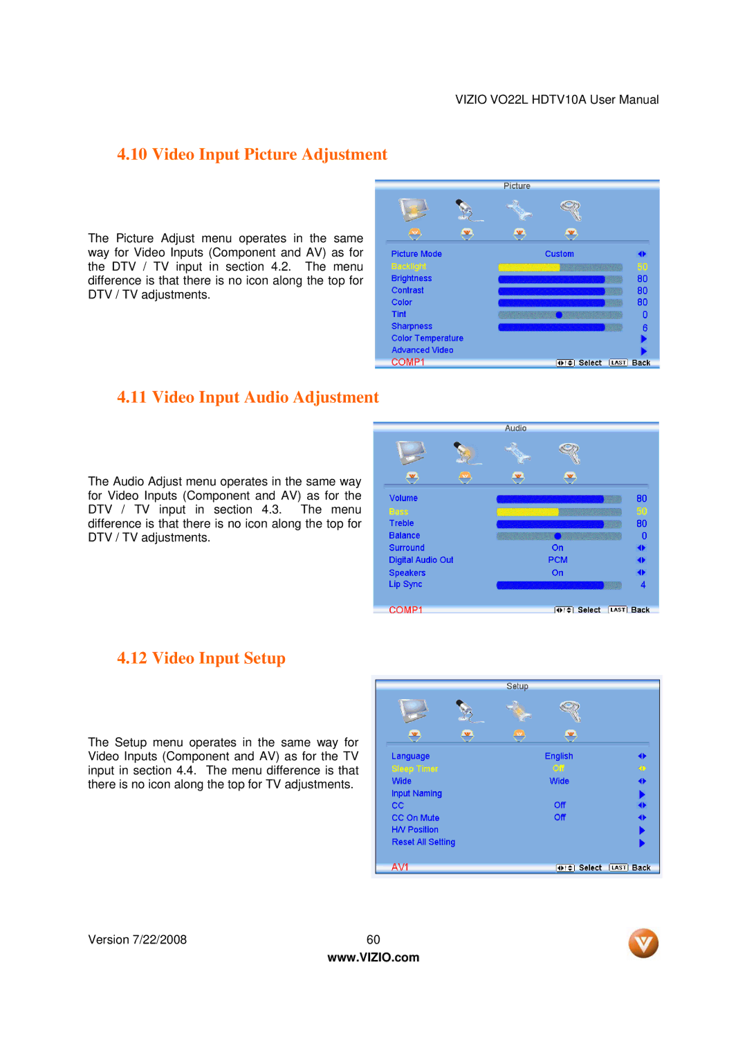 Vizio VO22L user manual Video Input Picture Adjustment, Video Input Audio Adjustment, Video Input Setup 