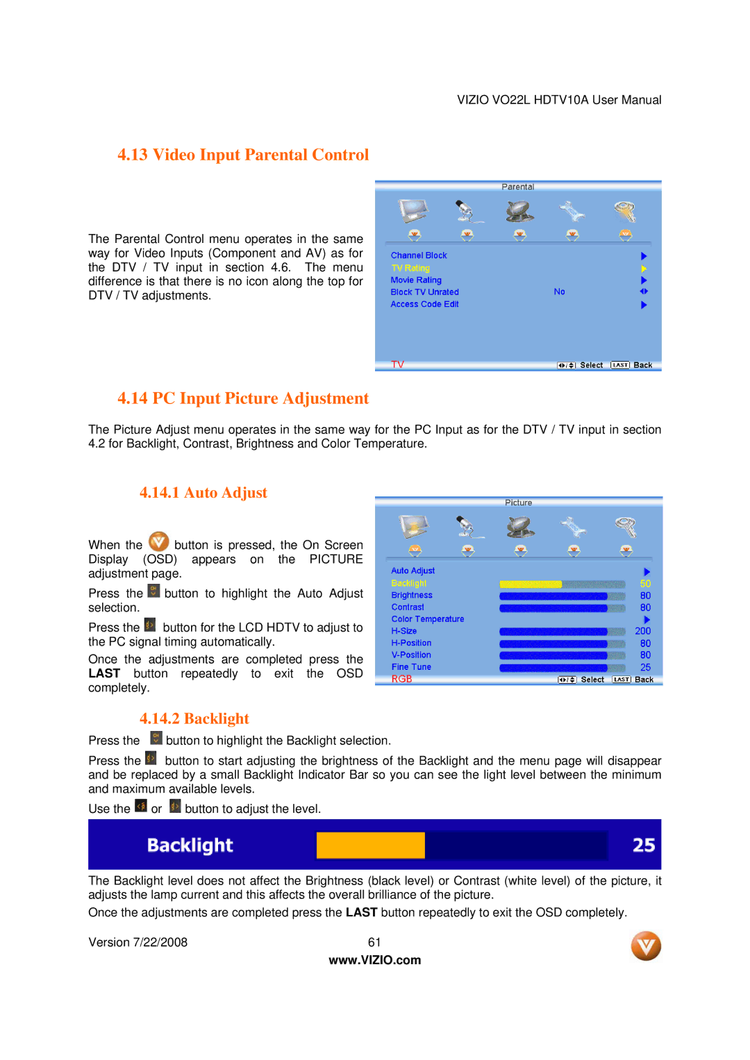 Vizio VO22L user manual Video Input Parental Control, PC Input Picture Adjustment, Auto Adjust 