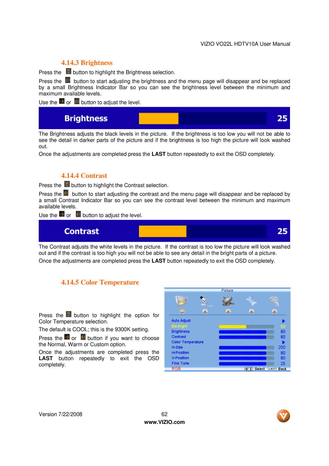 Vizio VO22L user manual Brightness 