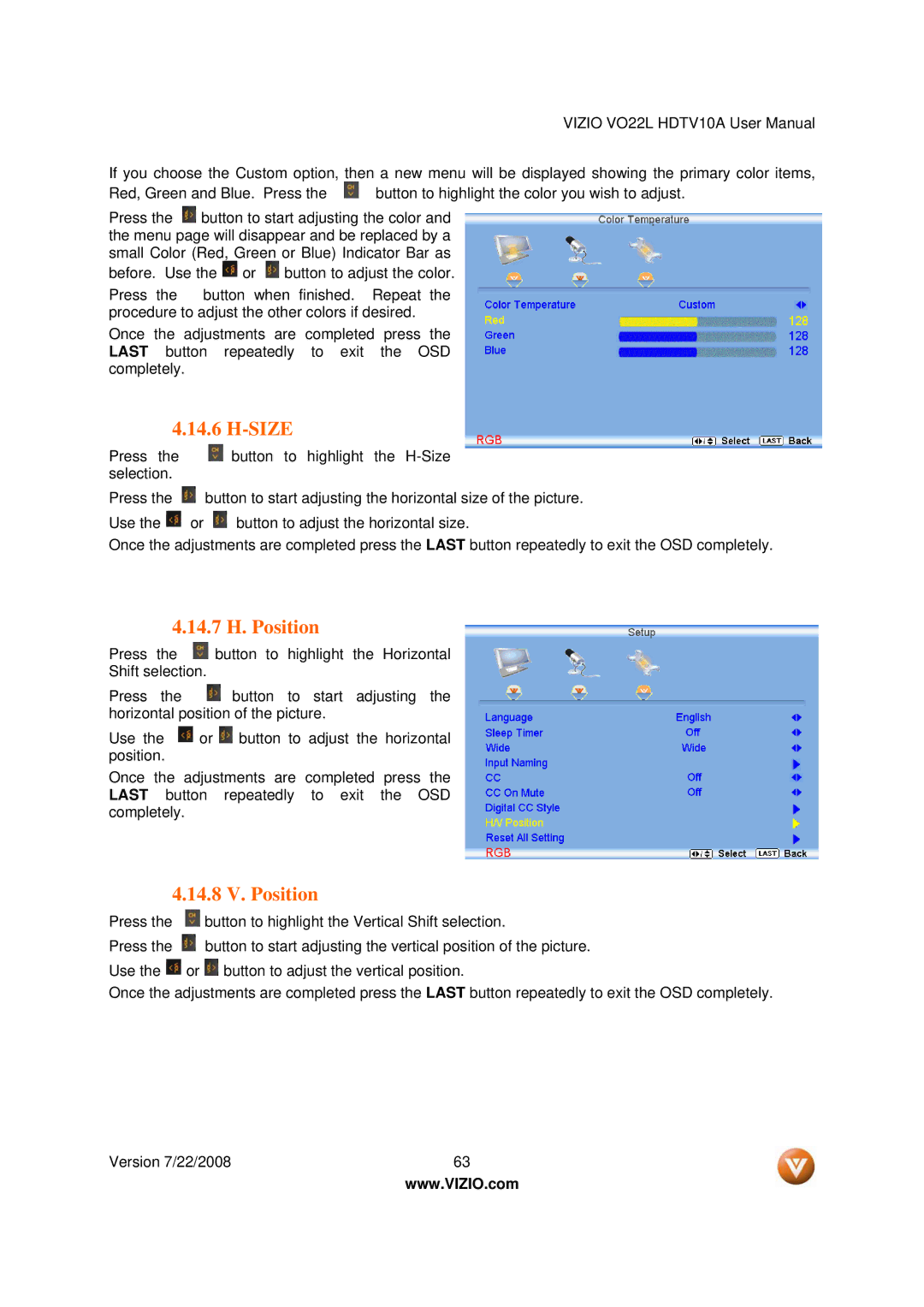 Vizio VO22L user manual Size, 14.7 H. Position, 14.8 V. Position 