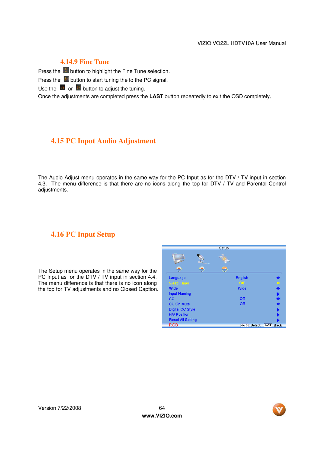 Vizio VO22L user manual PC Input Audio Adjustment, PC Input Setup, Fine Tune 