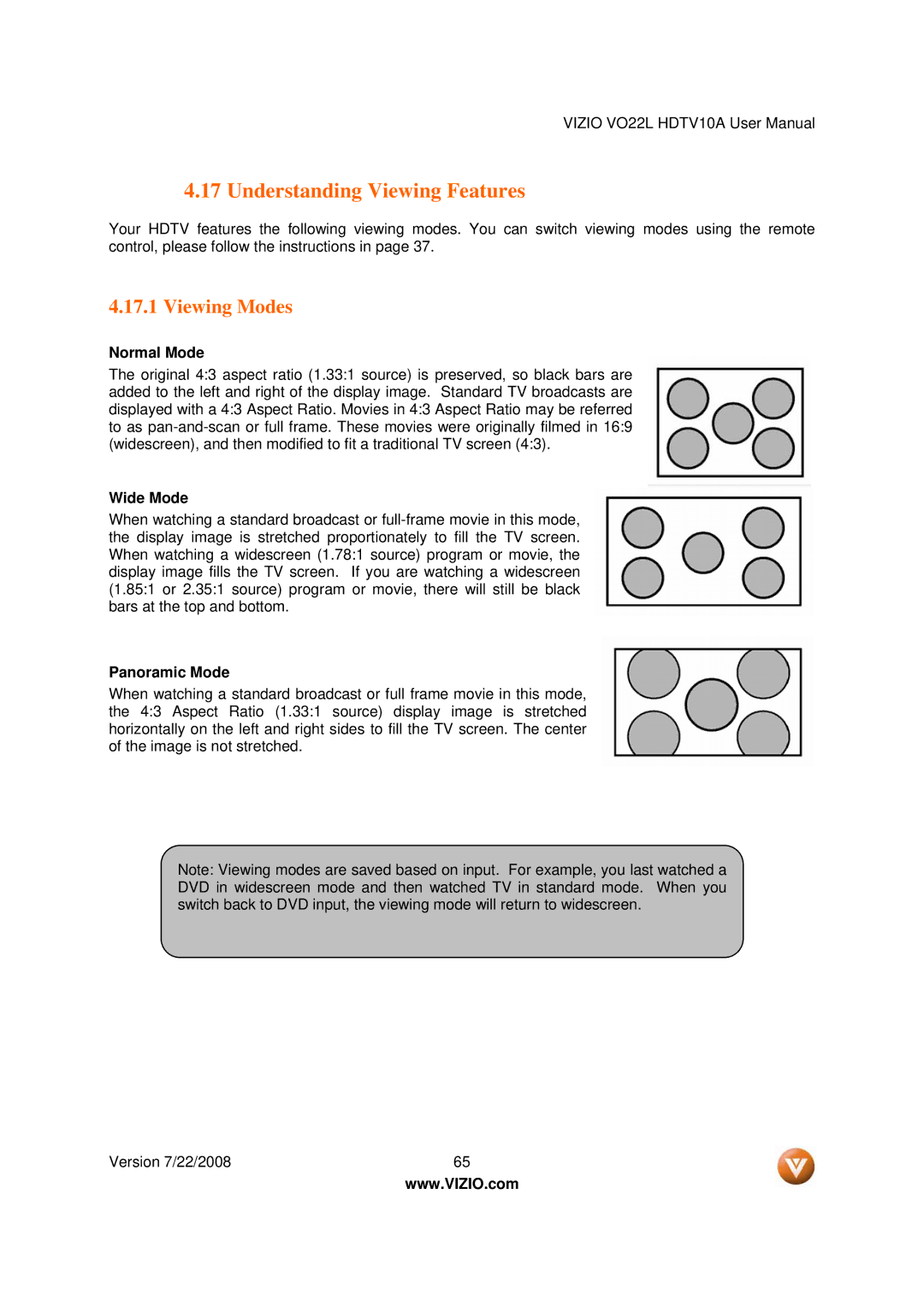 Vizio VO22L user manual Understanding Viewing Features, Viewing Modes, Normal Mode, Wide Mode, Panoramic Mode 