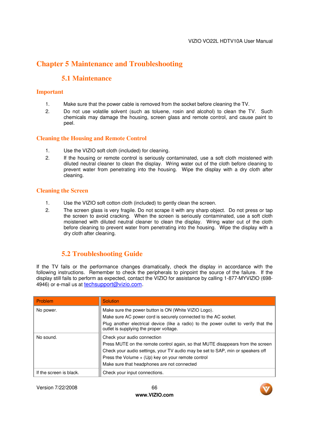 Vizio VO22L user manual Maintenance, Troubleshooting Guide, Cleaning the Housing and Remote Control, Cleaning the Screen 