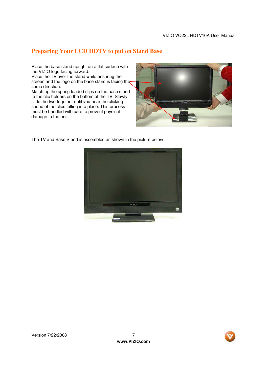 Vizio VO22L user manual Preparing Your LCD Hdtv to put on Stand Base 