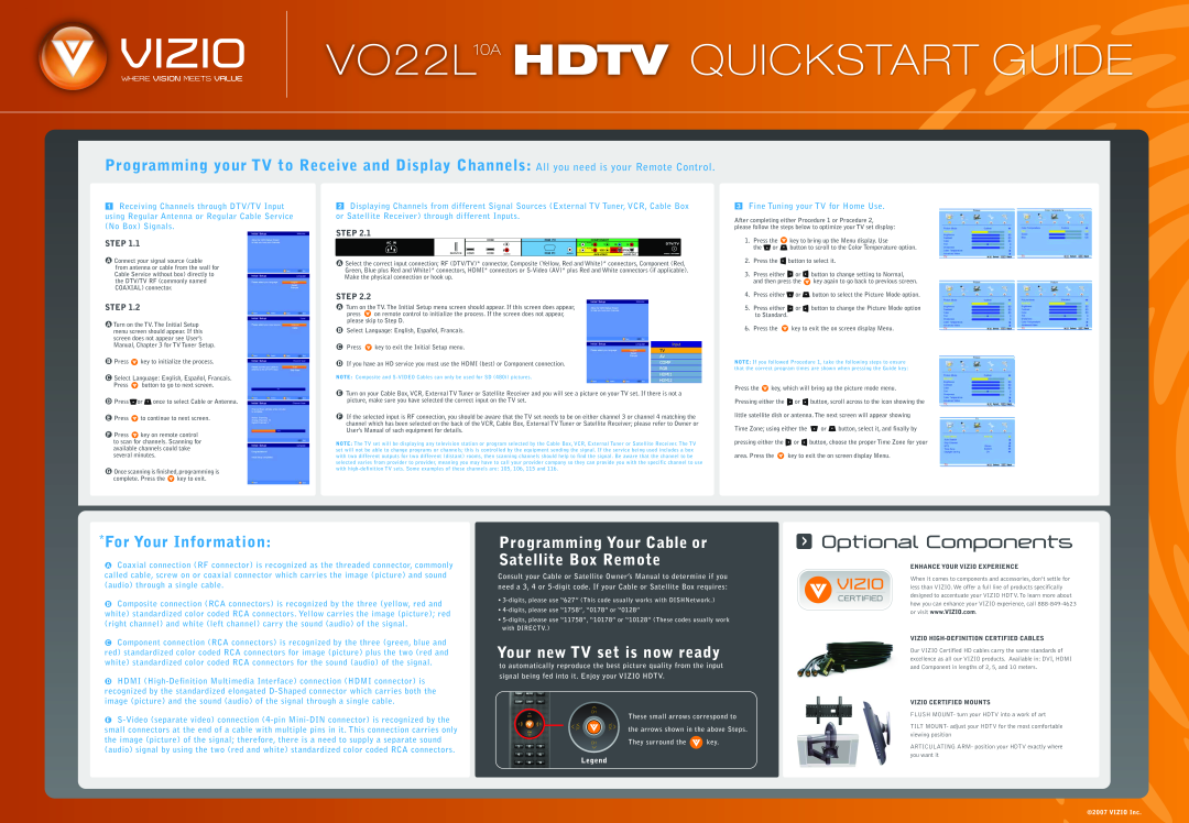 Vizio Programming Your Cable or Satellite Box Remote, VO22L10A HDTV QUICKSTART GUIDE, Optional Components, Step 