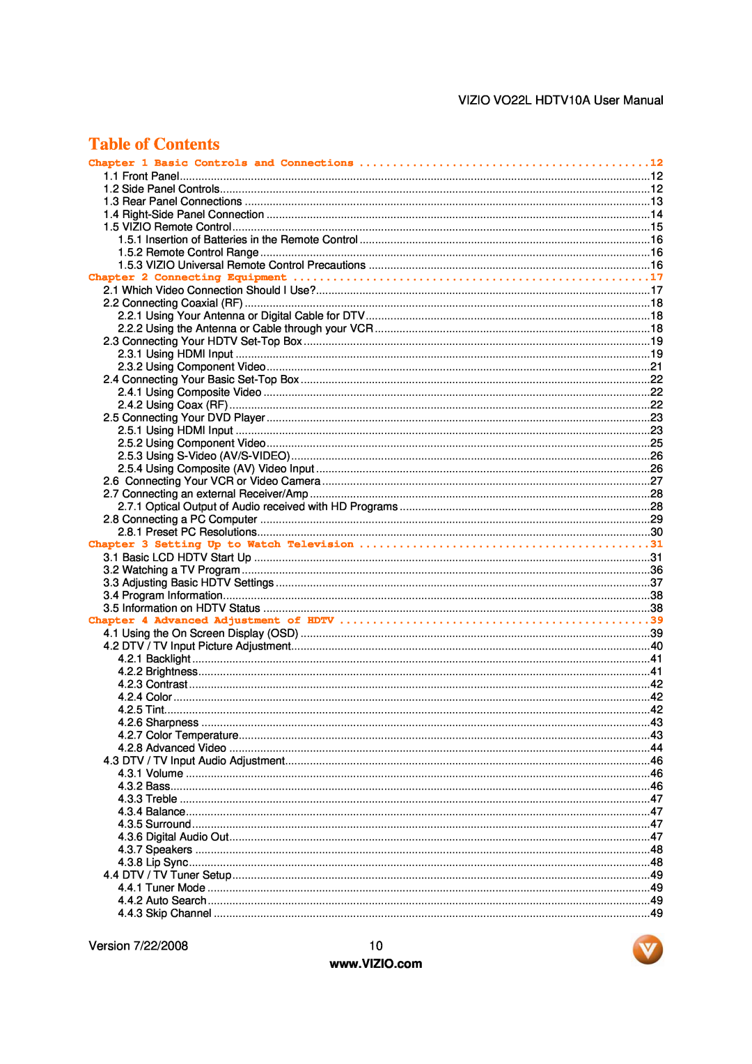 Vizio VO22L user manual Basic Controls and Connections, Table of Contents 