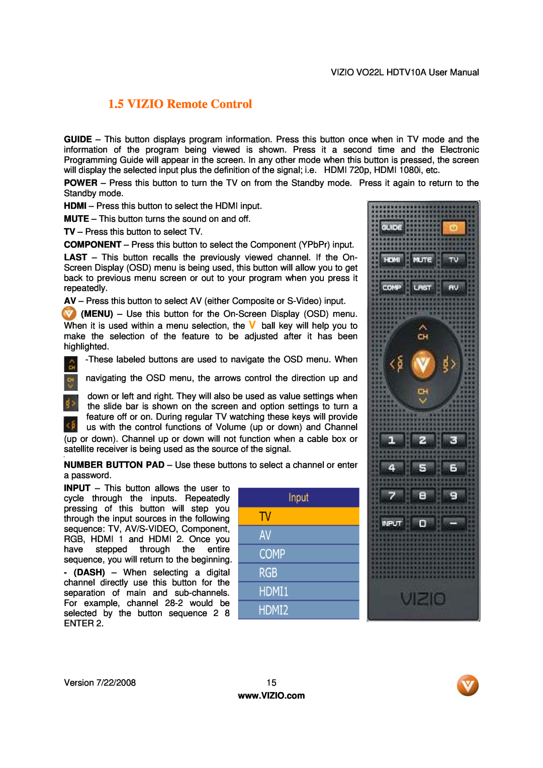 Vizio VO22L user manual VIZIO Remote Control 