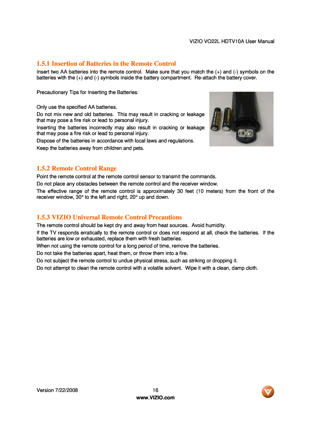 Vizio VO22L Insertion of Batteries in the Remote Control, Remote Control Range, VIZIO Universal Remote Control Precautions 