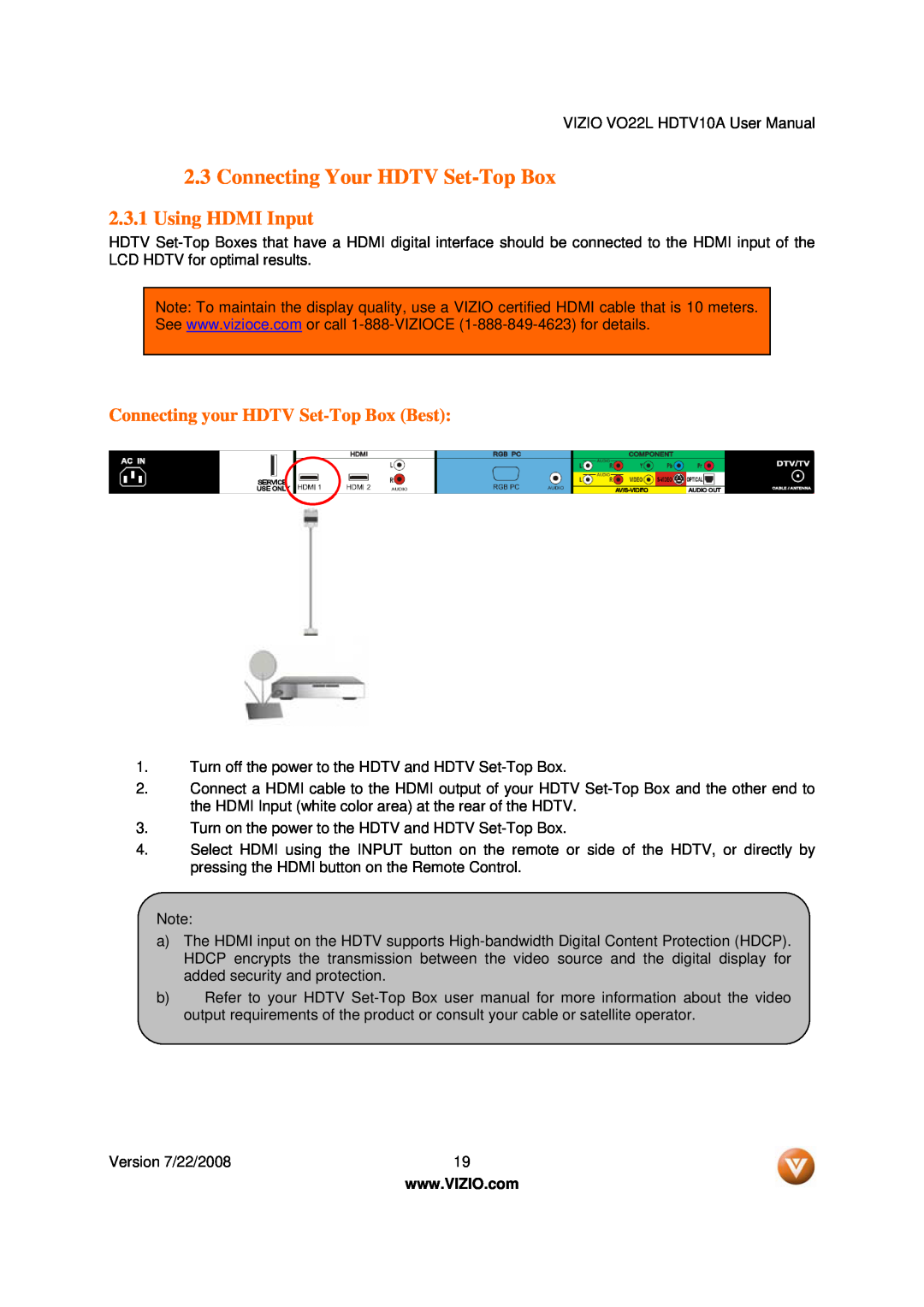 Vizio VO22L user manual Connecting Your HDTV Set-Top Box, Using HDMI Input, Connecting your HDTV Set-Top Box Best 