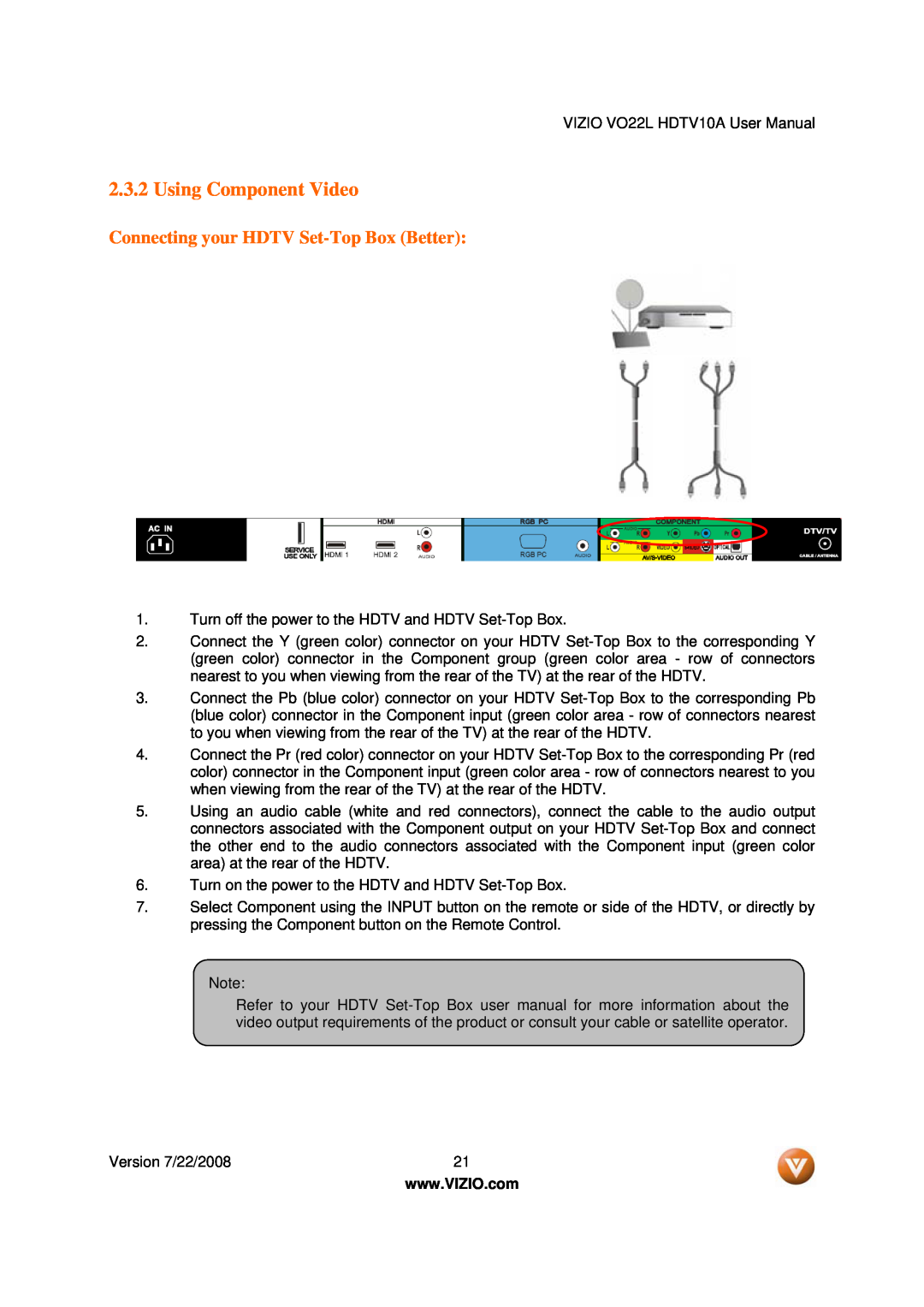 Vizio VO22L user manual Using Component Video, Connecting your HDTV Set-Top Box Better 