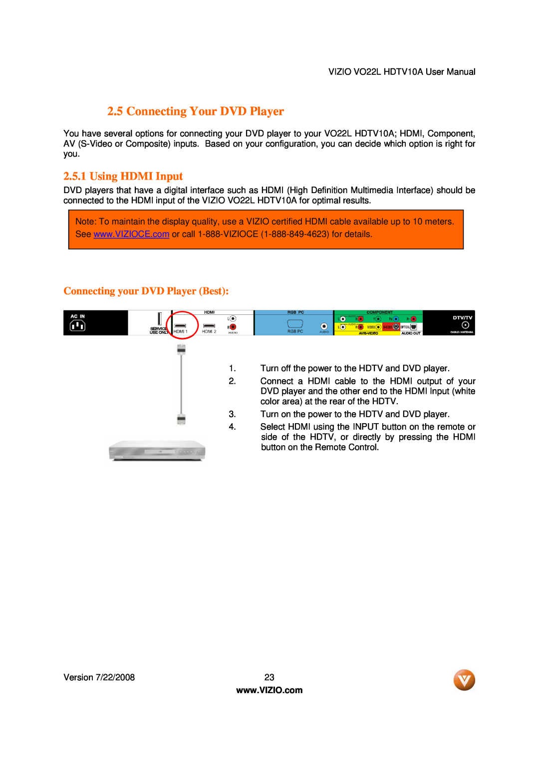 Vizio VO22L user manual Connecting Your DVD Player, Using HDMI Input, Connecting your DVD Player Best 