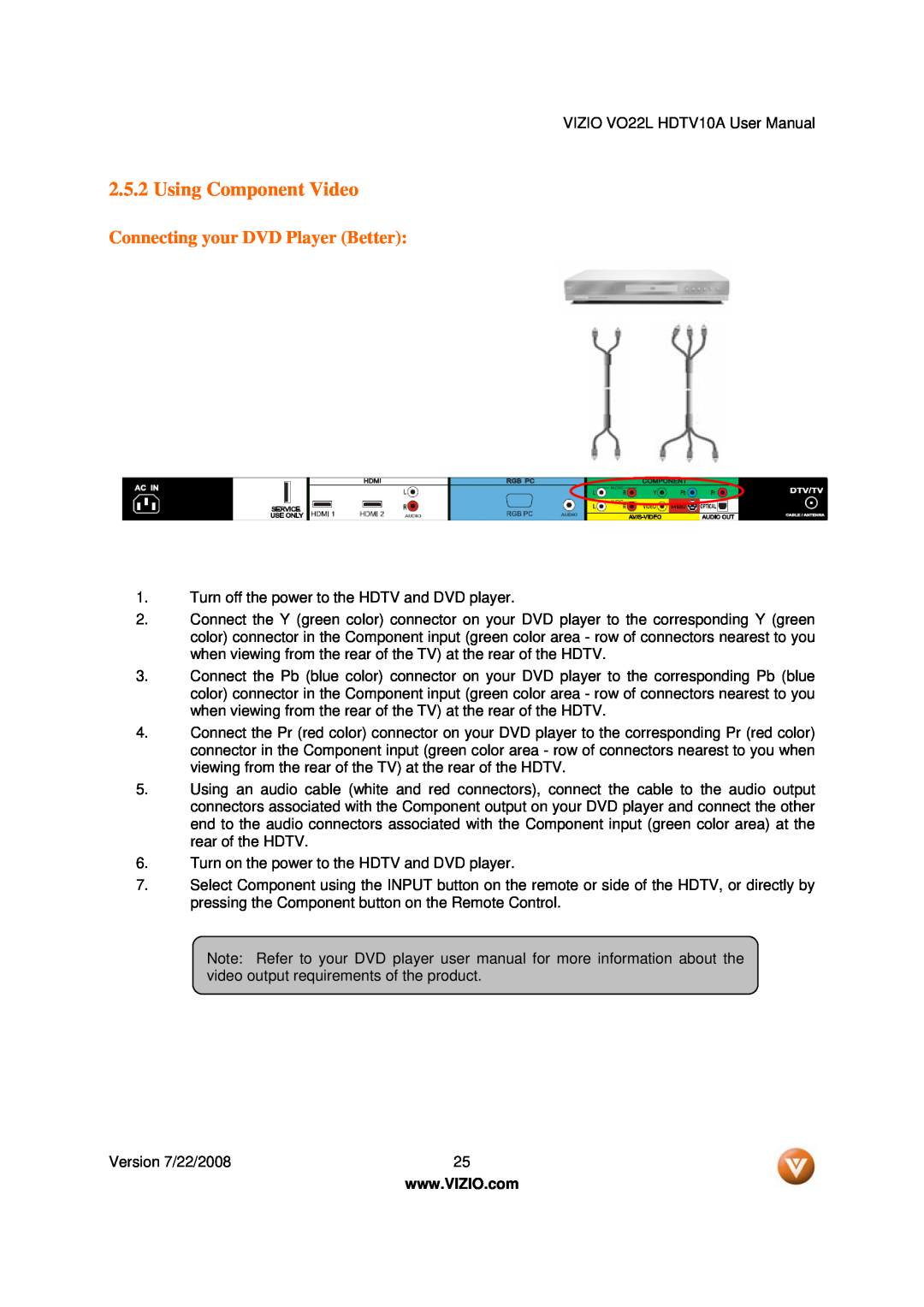 Vizio VO22L user manual Using Component Video, Connecting your DVD Player Better 
