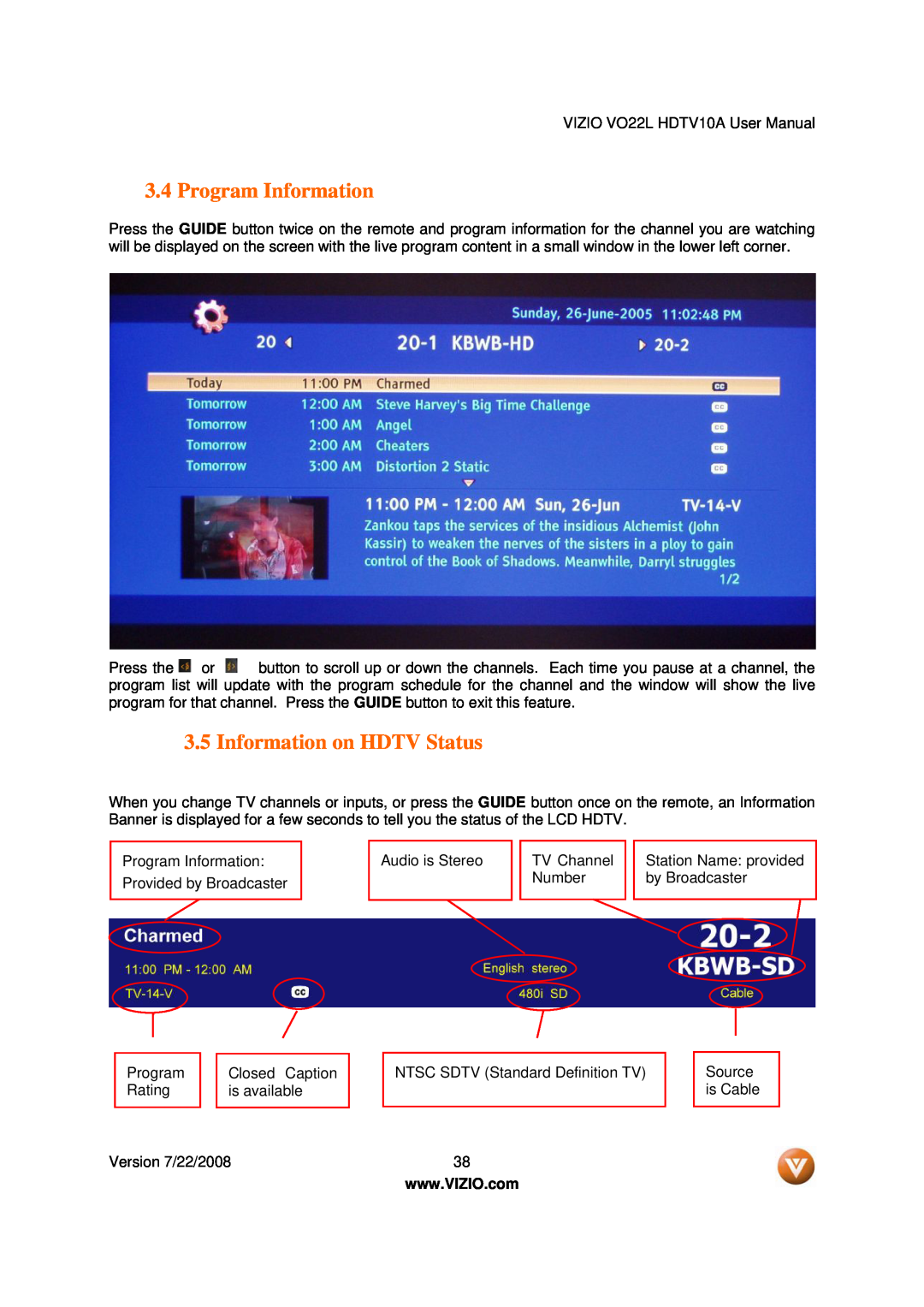 Vizio VO22L user manual Program Information, Information on HDTV Status 