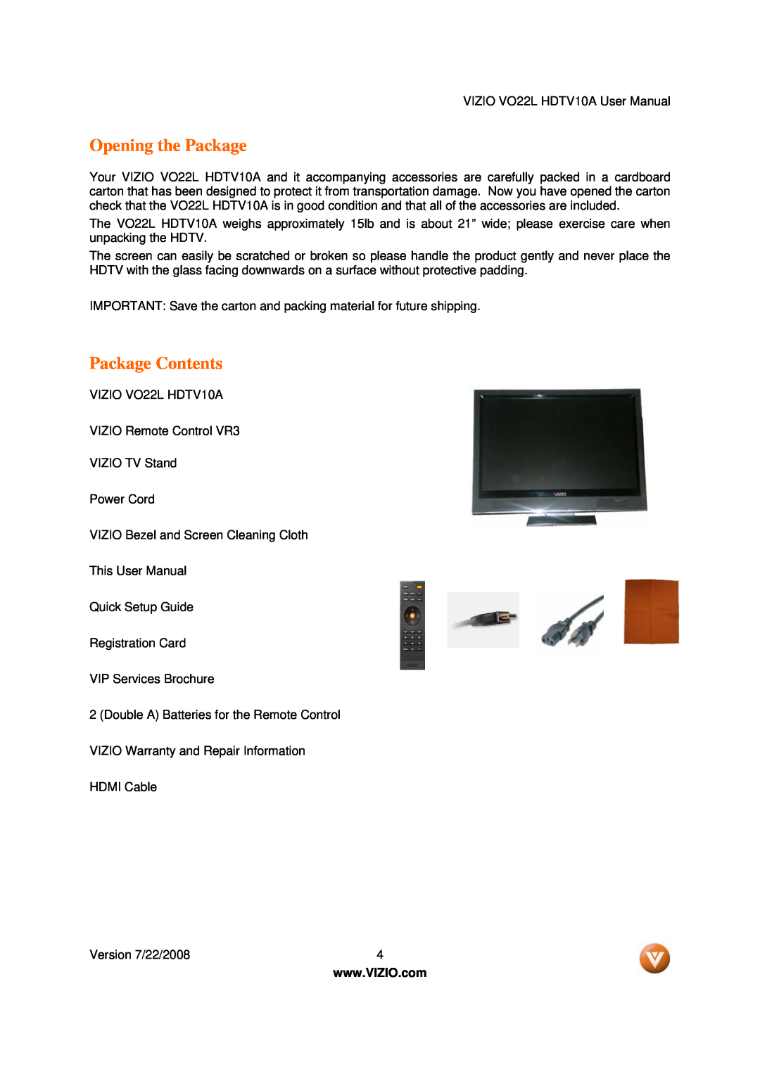 Vizio VO22L user manual Opening the Package, Package Contents 