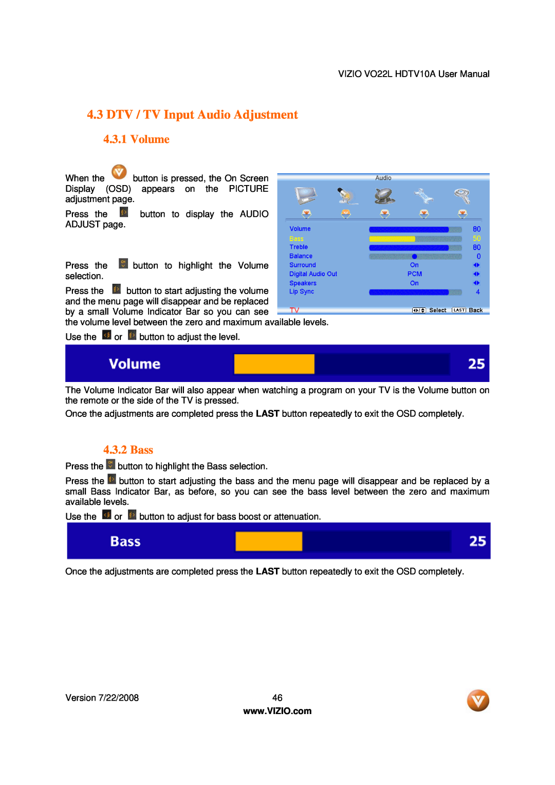 Vizio VO22L user manual DTV / TV Input Audio Adjustment, Volume, Bass 