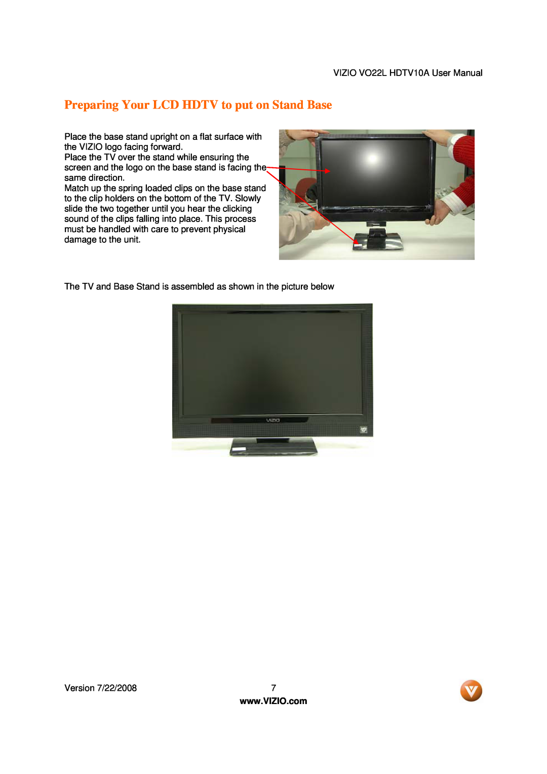 Vizio VO22L user manual Preparing Your LCD HDTV to put on Stand Base 