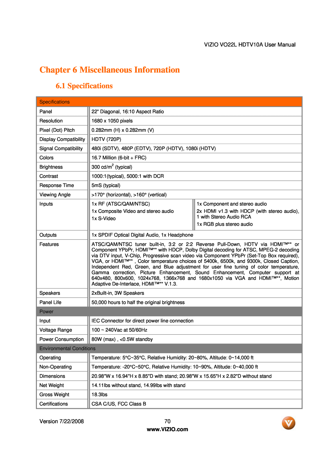 Vizio VO22L user manual Miscellaneous Information, Specifications 