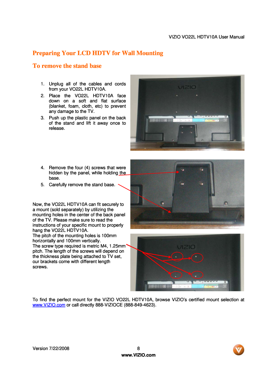 Vizio VO22L user manual Preparing Your LCD HDTV for Wall Mounting To remove the stand base 
