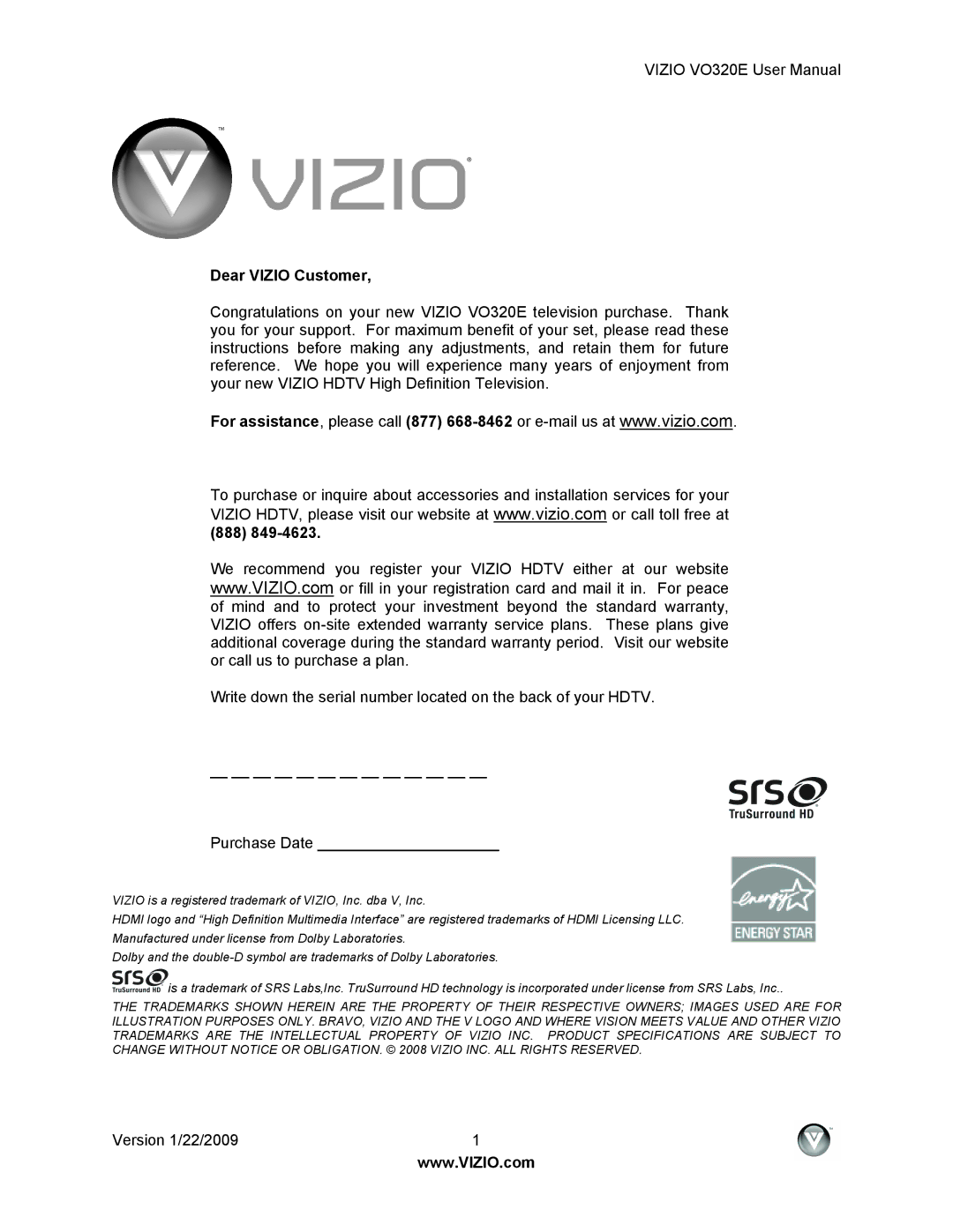 Vizio VO320E user manual Dear Vizio Customer, 888 