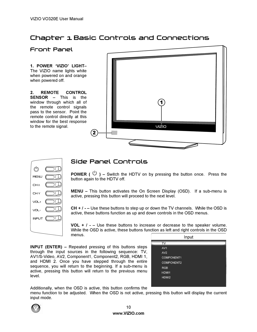 Vizio VO320E user manual Side Panel Controls, Front Panel 