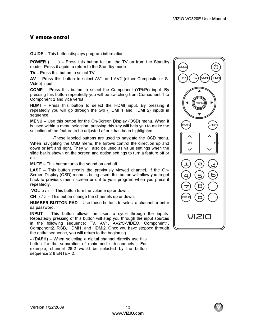 Vizio VO320E user manual Vizio Remote Control 