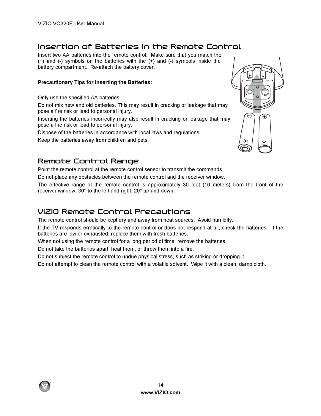 Vizio VO320E Insertion of Batteries in the Remote Control, Remote Control Range, Vizio Remote Control Precautions 
