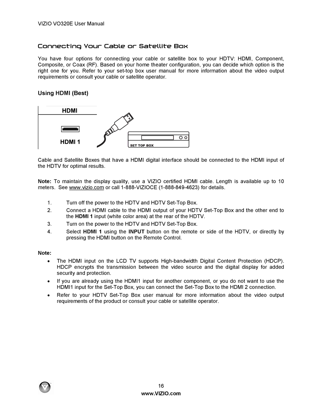 Vizio VO320E user manual Connecting Your Cable or Satellite Box Using Hdmi Best 