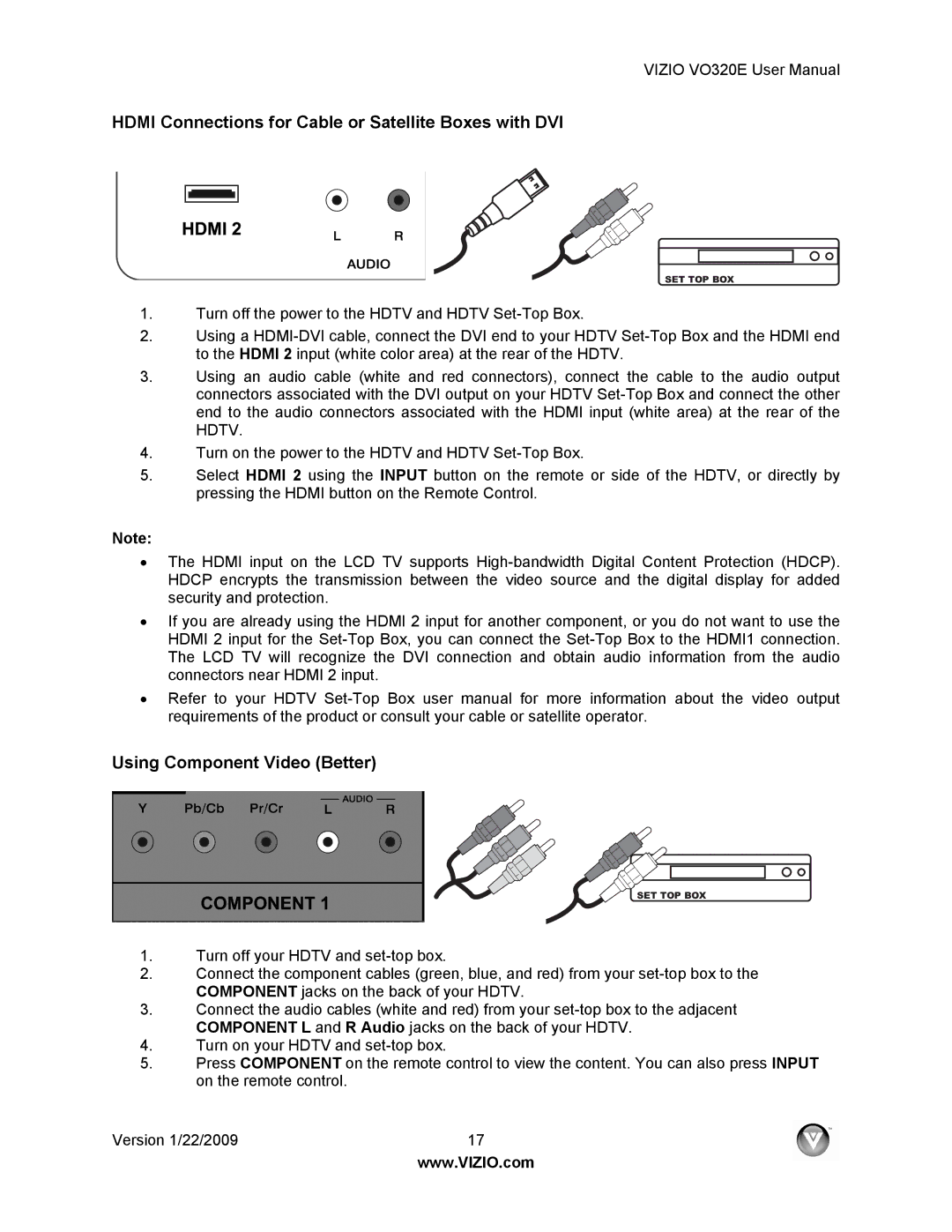 Vizio VO320E user manual Hdmi Connections for Cable or Satellite Boxes with DVI, Using Component Video Better 