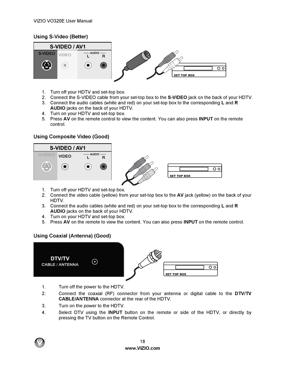 Vizio VO320E user manual Using S-Video Better, Using Composite Video Good, Using Coaxial Antenna Good 