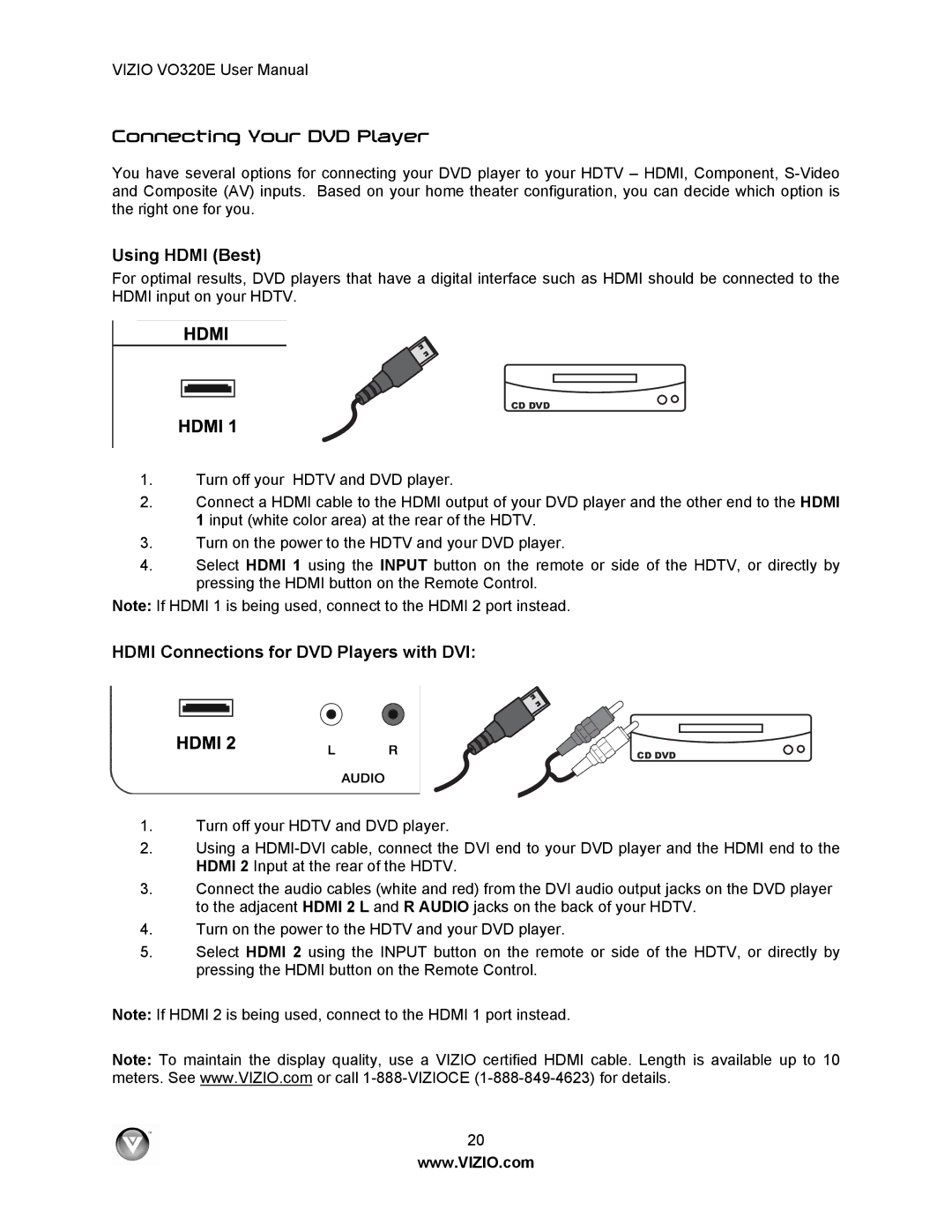 Vizio VO320E user manual Connecting Your DVD Player, Hdmi Connections for DVD Players with DVI 