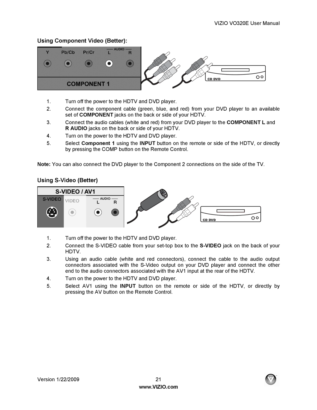 Vizio VO320E user manual Using Component Video Better 