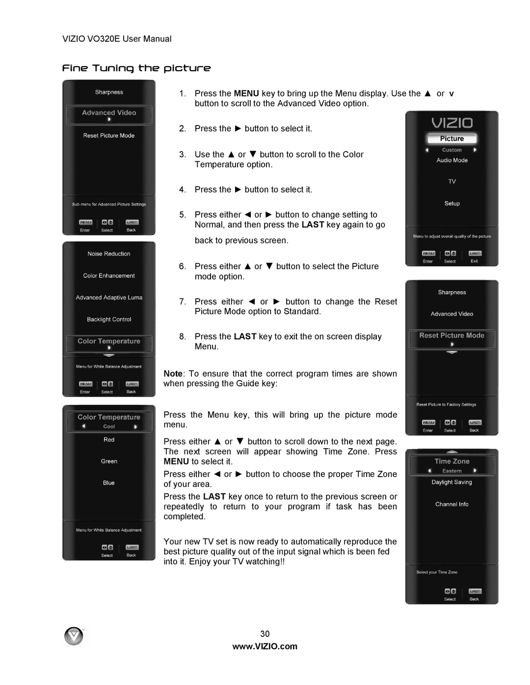 Vizio VO320E user manual Fine Tuning the picture 