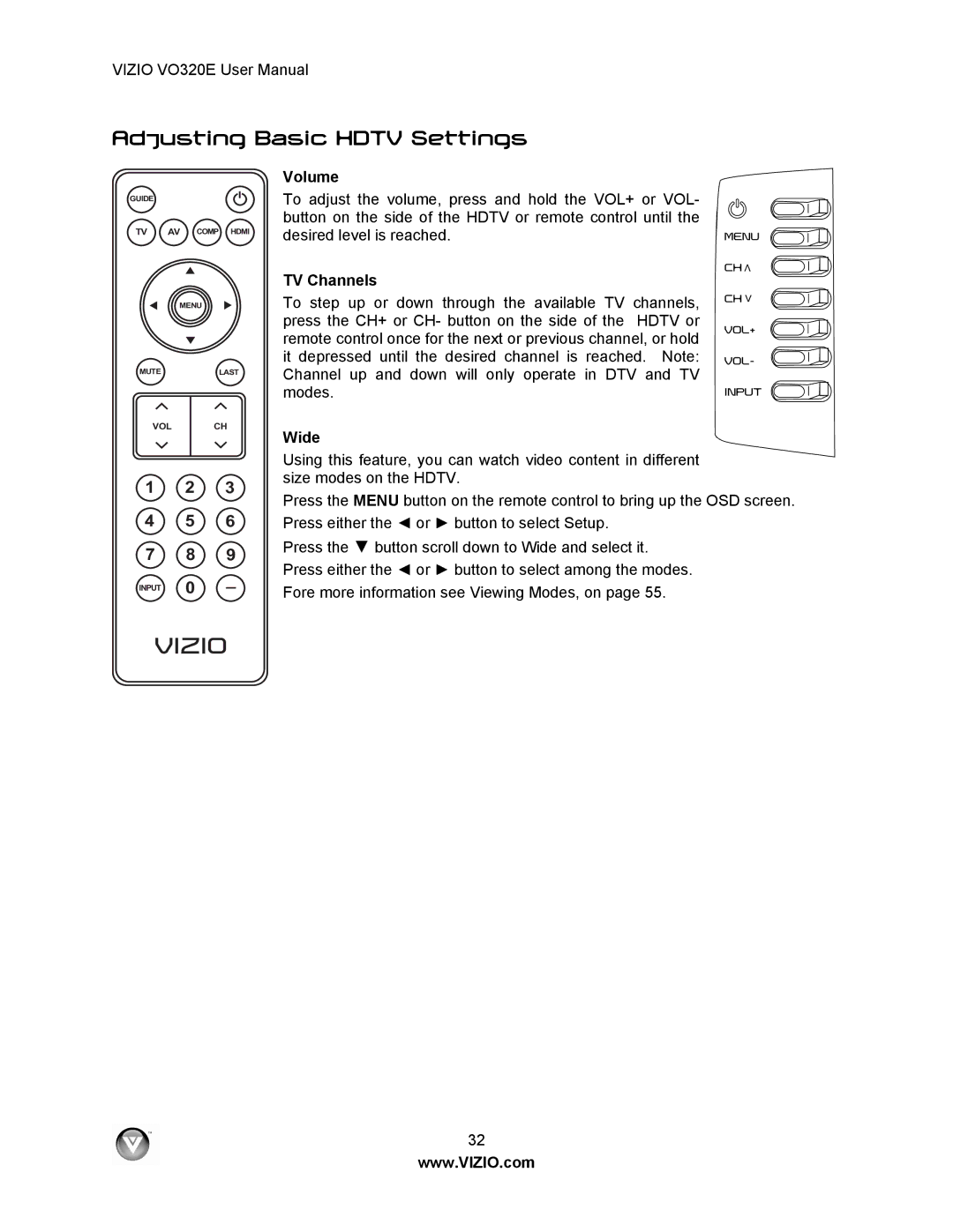 Vizio VO320E user manual Adjusting Basic Hdtv Settings, Volume, TV Channels, Wide 