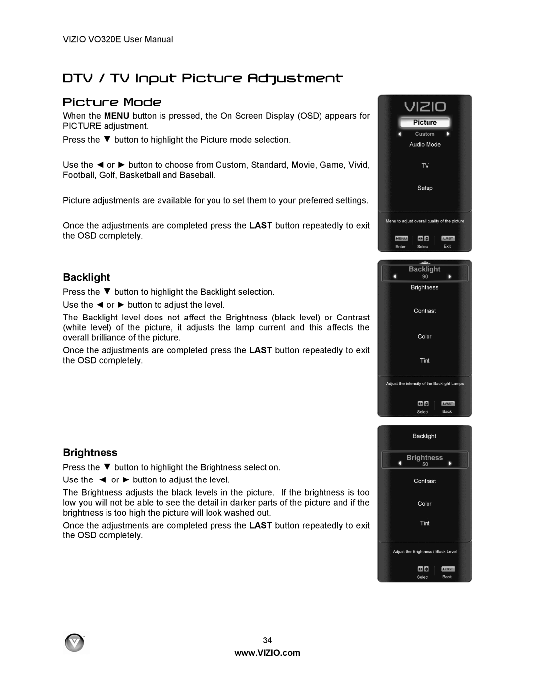 Vizio VO320E user manual DTV / TV Input Picture Adjustment, Picture Mode, Backlight, Brightness 