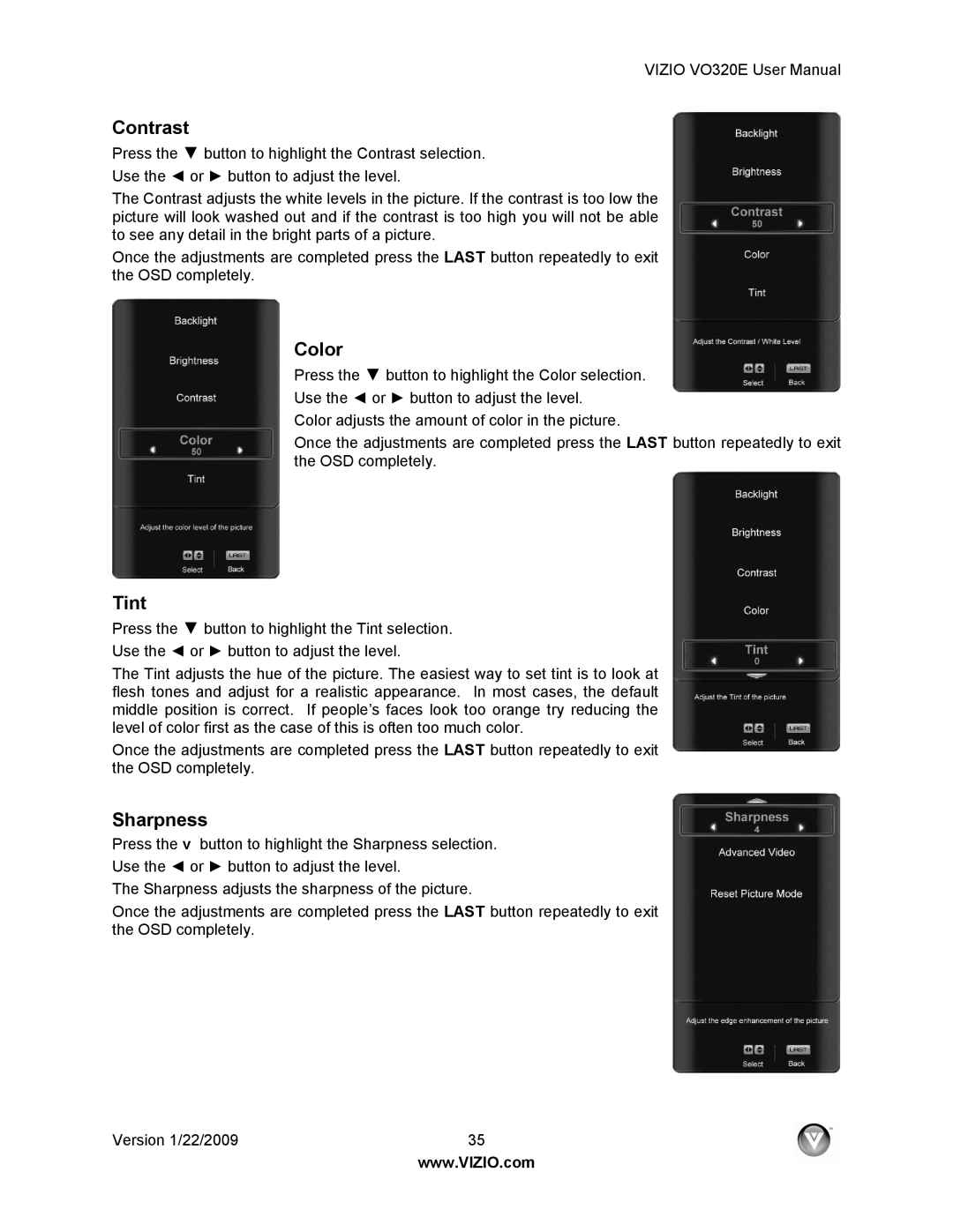 Vizio VO320E user manual Contrast, Color, Tint, Sharpness 