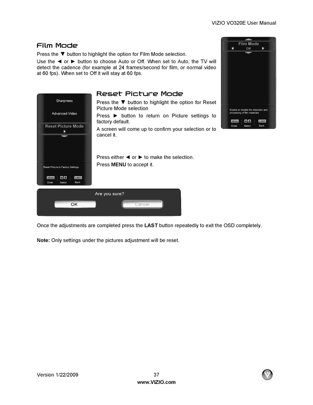 Vizio VO320E user manual Film Mode, Reset Picture Mode 