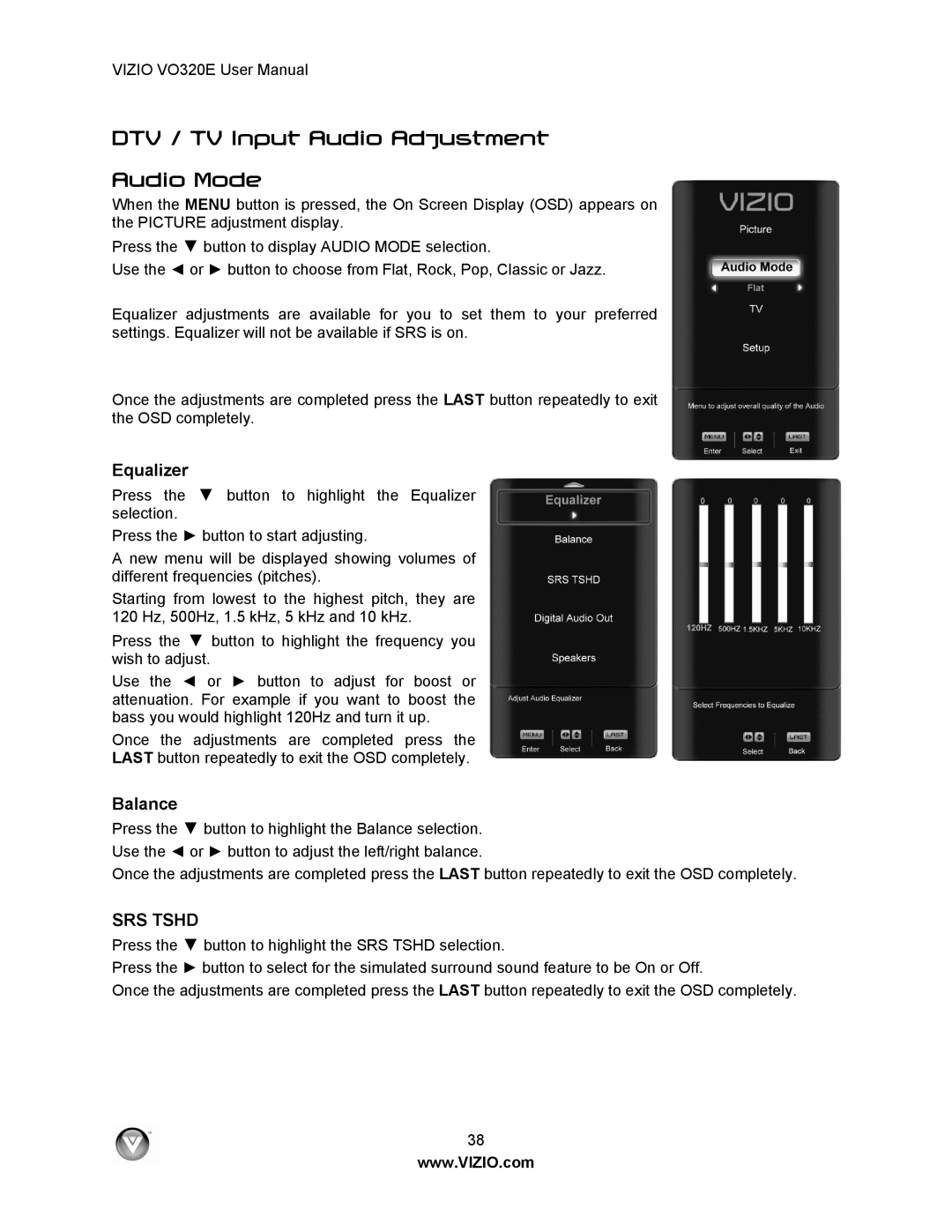 Vizio VO320E user manual DTV / TV Input Audio Adjustment Audio Mode, Equalizer, Balance 