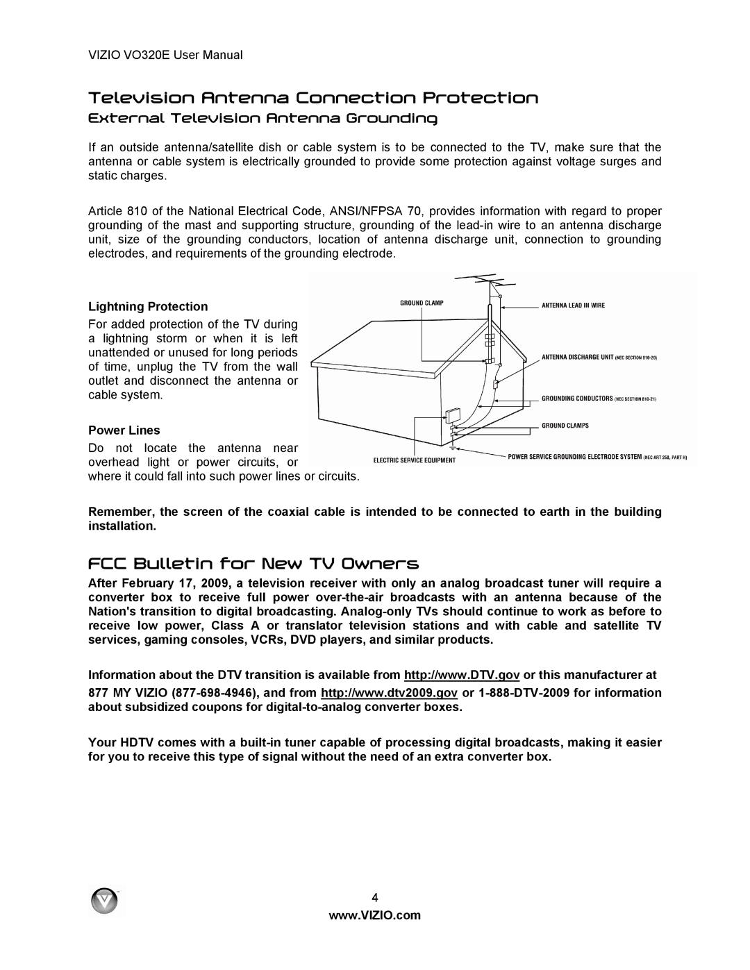 Vizio VO320E Television Antenna Connection Protection, FCC Bulletin for New TV Owners, Lightning Protection, Power Lines 