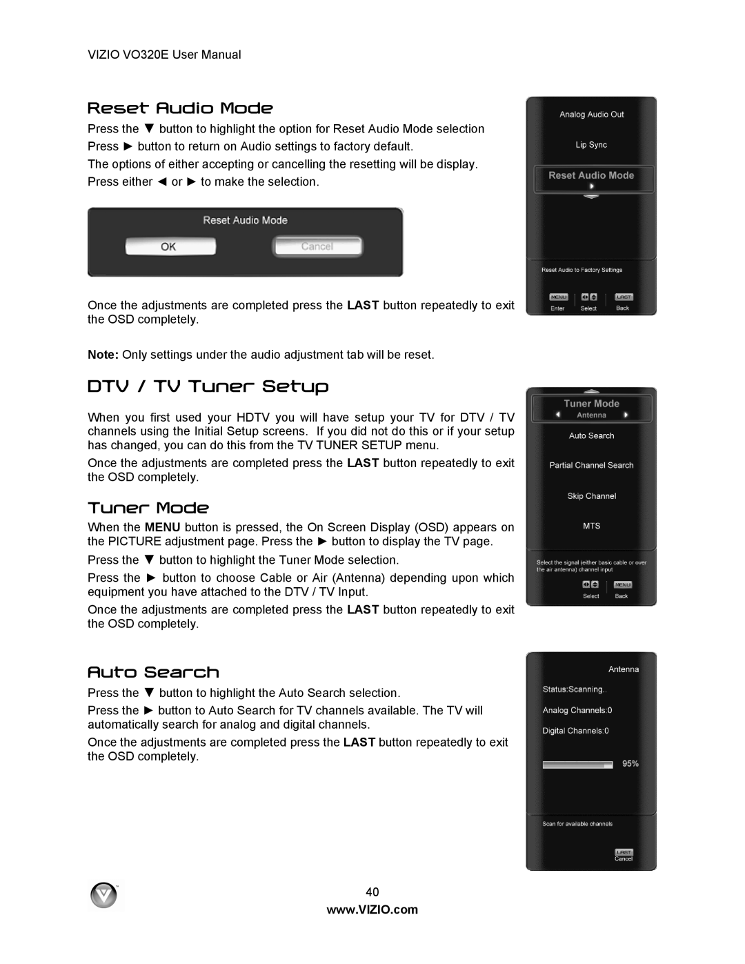 Vizio VO320E user manual DTV / TV Tuner Setup, Reset Audio Mode, Tuner Mode, Auto Search 