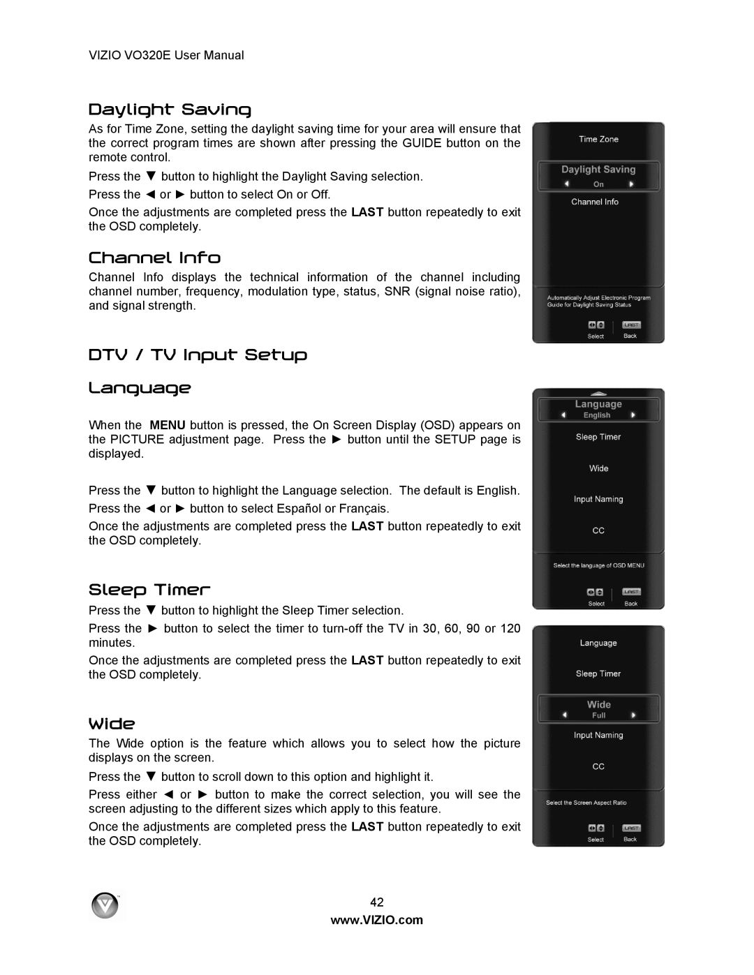 Vizio VO320E user manual Daylight Saving, Channel Info, DTV / TV Input Setup Language, Sleep Timer, Wide 