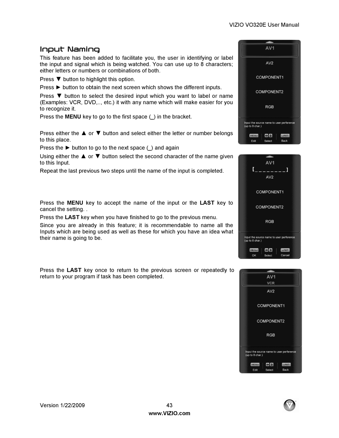 Vizio VO320E user manual Input Naming 