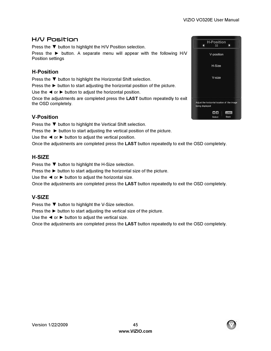 Vizio VO320E user manual Position 