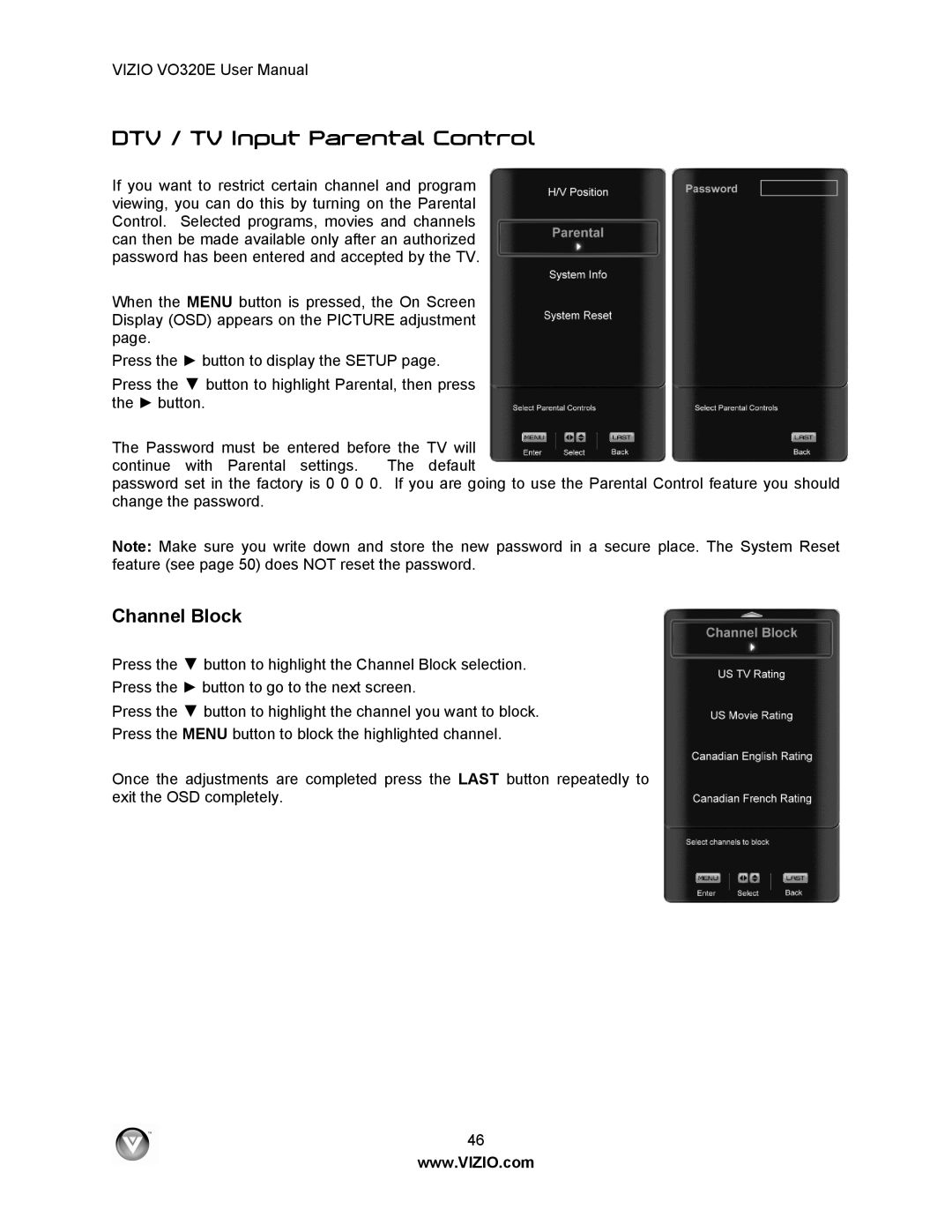 Vizio VO320E user manual DTV / TV Input Parental Control, Channel Block 