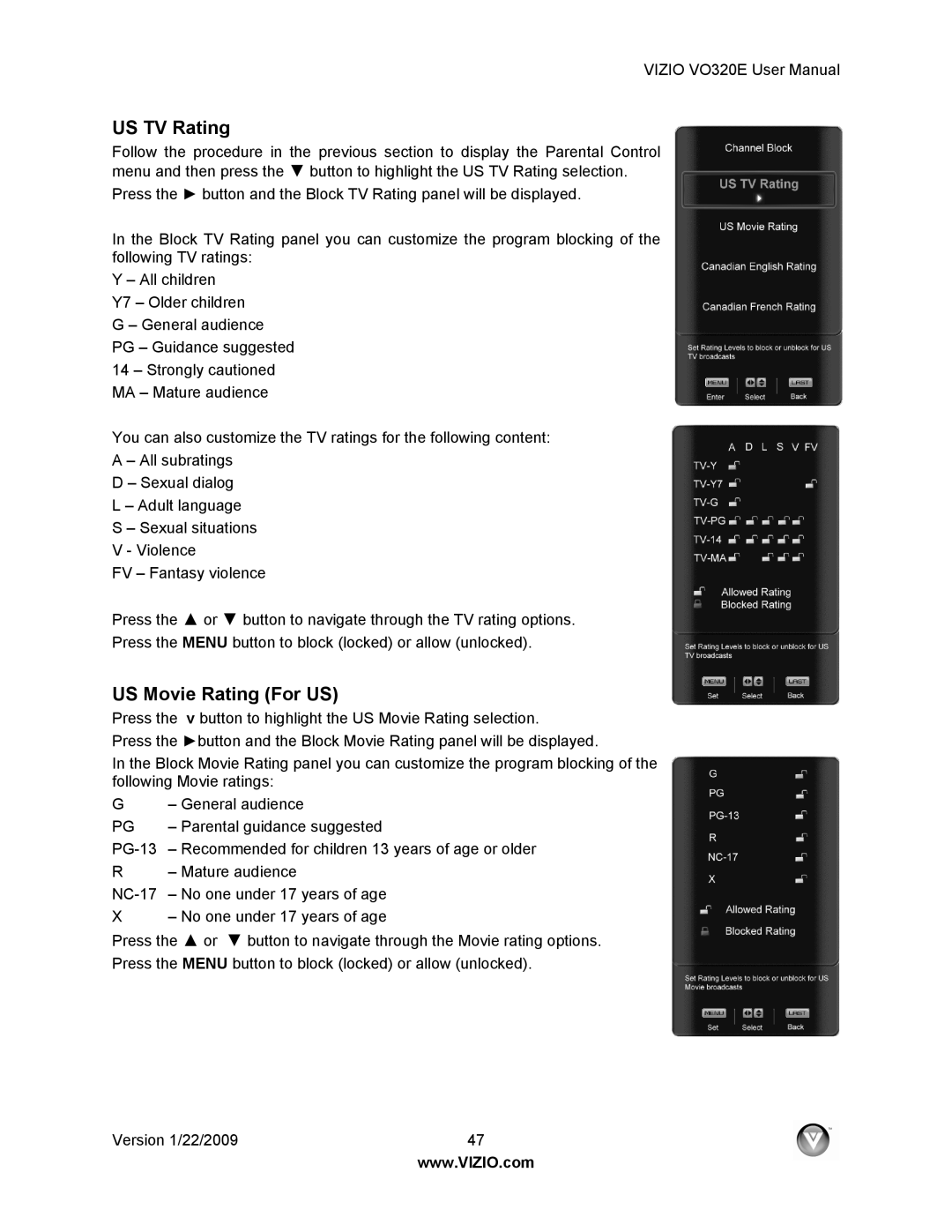 Vizio VO320E user manual US TV Rating, US Movie Rating For US 