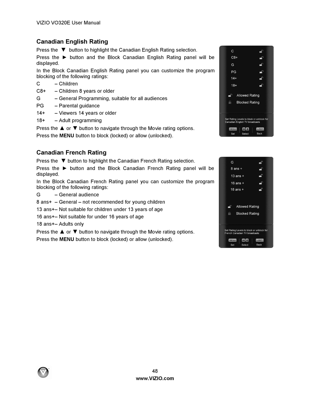 Vizio VO320E user manual Canadian English Rating, Canadian French Rating 