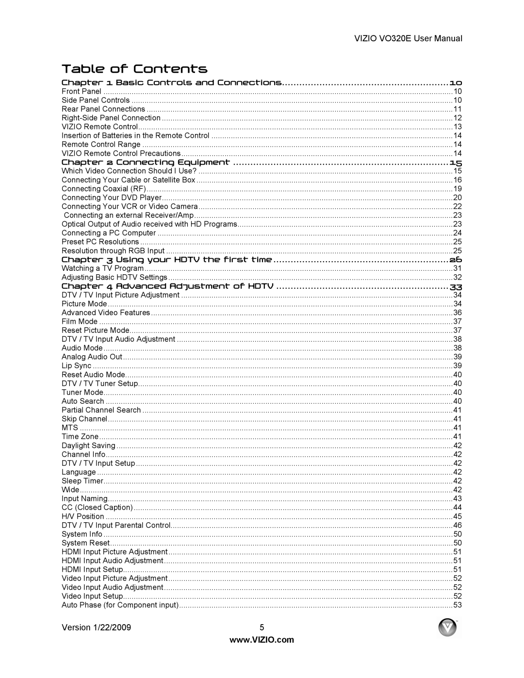 Vizio VO320E user manual Table of Contents 