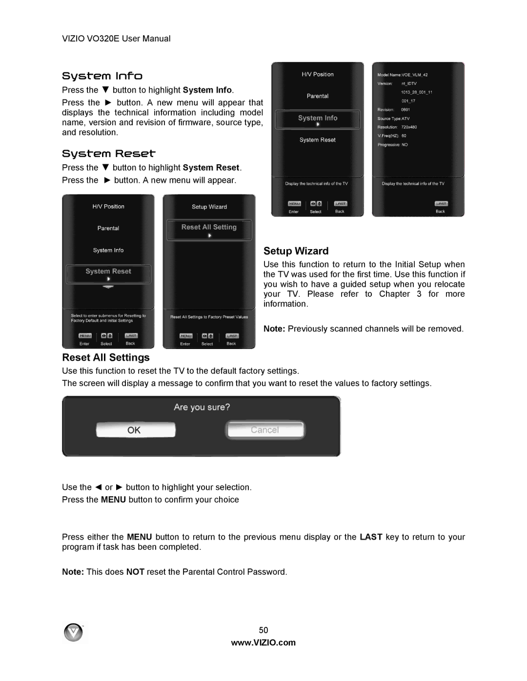 Vizio VO320E user manual System Info, System Reset, Setup Wizard, Reset All Settings 